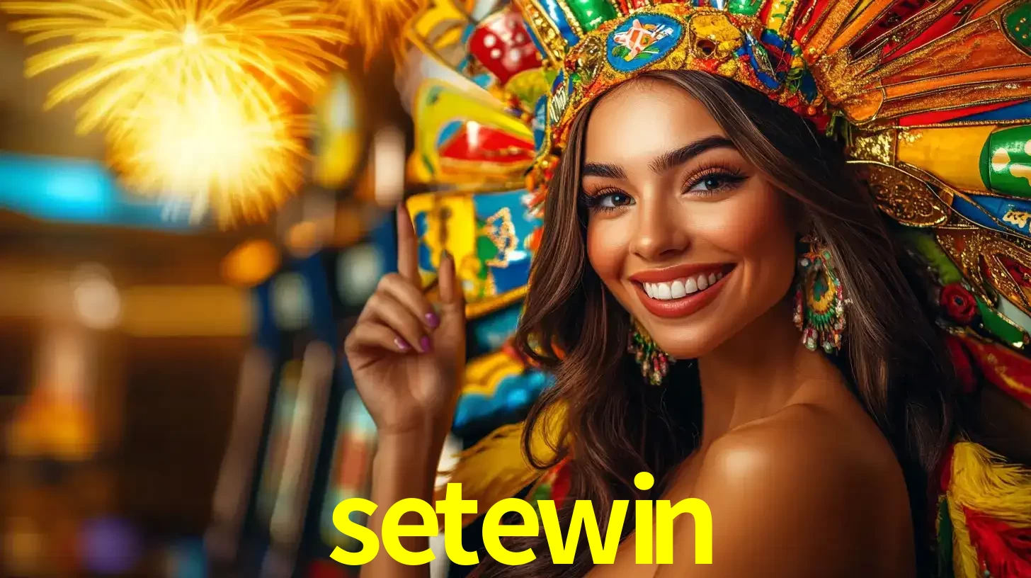 Mulher sorridente com um cocar de carnaval vibrante e colorido, celebrando uma grande vitória nos jogos do cassino setewin com fogos de artifício ao fundo.