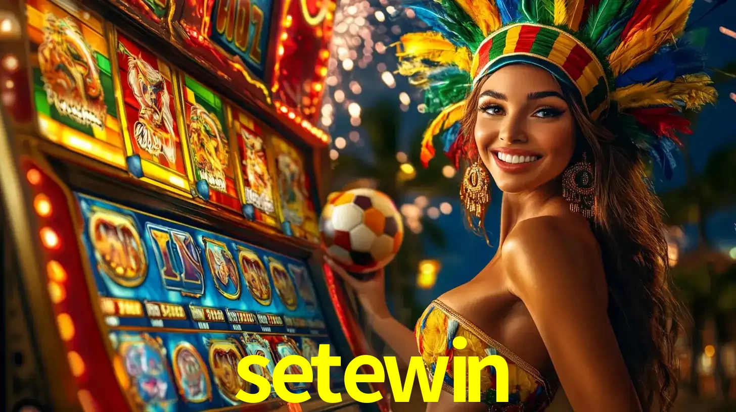 Mulher com um cocar de carnaval ao lado de uma máquina de caça-níqueis enquanto segura uma bola de futebol, mostrando a união da diversão de cassino e esportes no setewin.