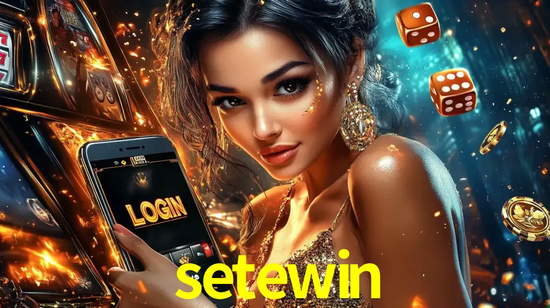 Mulher glamourosa segurando um celular com a tela de login do cassino setewin, rodeada por dados e moedas douradas, pronta para começar a diversão.