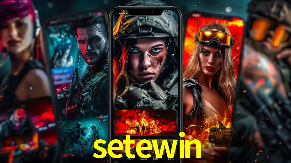 Montagem de telas de celular mostrando diversos personagens, masculinos e femininos, de um jogo de tiro, ilustrando a diversidade de equipes de e-sports para apostar no setewin.