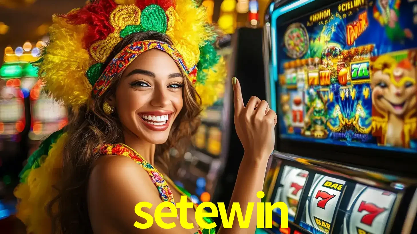 Mulher animada com um cocar de carnaval apontando para uma máquina de caça-níqueis, mostrando a emoção de ganhar um grande prêmio nos jogos do setewin.