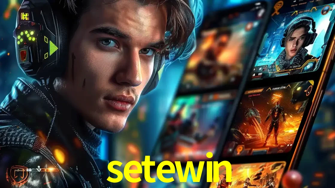 Jovem jogador com fones de ouvido olhando para a câmera, com um aplicativo de jogos e e-sports para celular ao fundo, pronto para a competição e apostas no setewin.