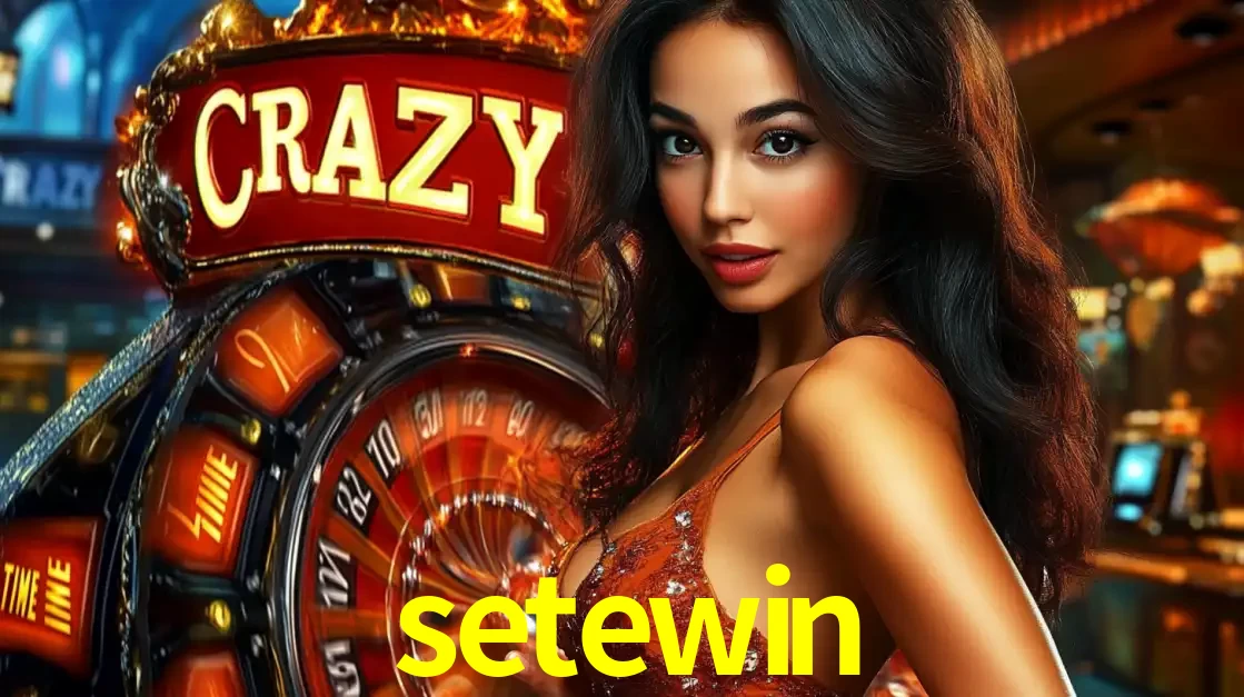 Mulher glamourosa olhando para a câmera com a roda vermelha do Crazy Time ao fundo em um ambiente de cassino, destacando a emoção dos jogos ao vivo no setewin.