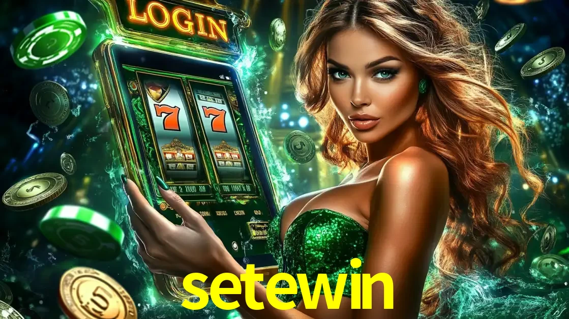 Mulher com tema verde apresentando o aplicativo do cassino setewin com um jogo de slot de 777, cercada por fichas de cassino e uma aura de sorte.