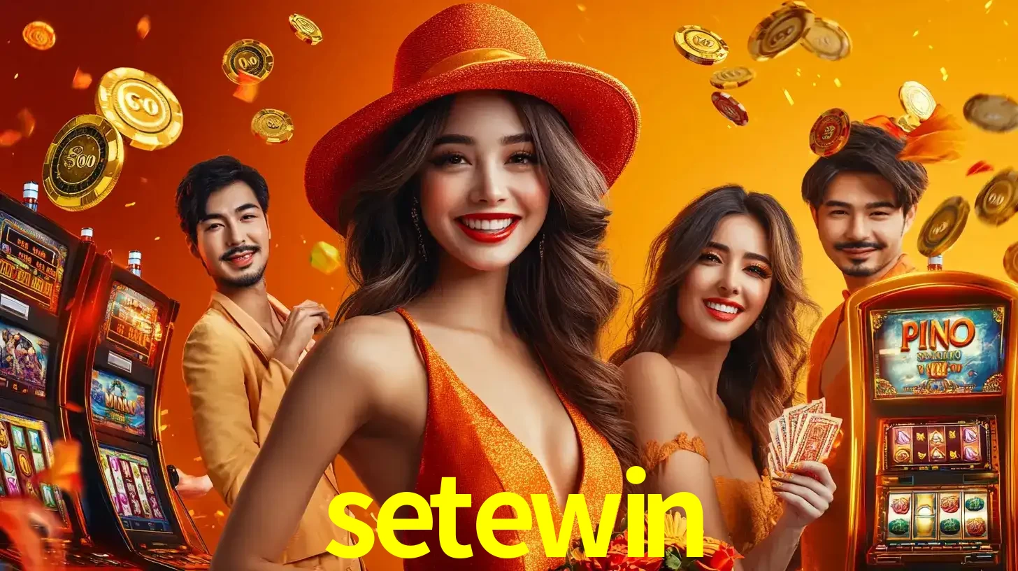 Grupo de amigos asiáticos sorrindo e se divertindo com máquinas de caça-níqueis em um ambiente festivo, celebrando suas vitórias nos jogos de cassino do setewin.