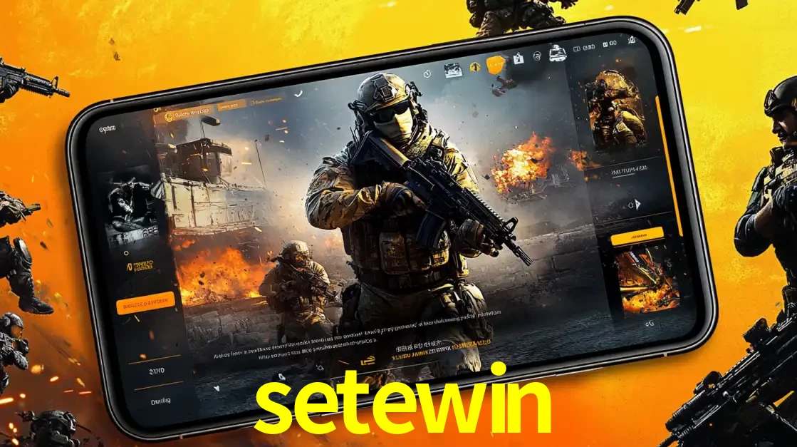 Um smartphone exibindo a interface de um jogo de tiro em primeira pessoa, com um soldado em um cenário de batalha, representando a ação dos e-sports para apostar no setewin.