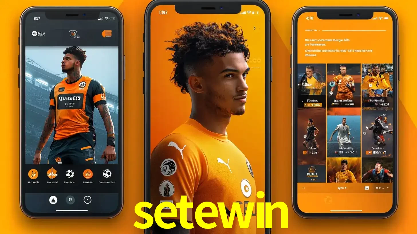Interface do aplicativo de apostas esportivas setewin em três telas de celular, mostrando o perfil de um jogador de futebol e a lista de jogos disponíveis para apostar.
