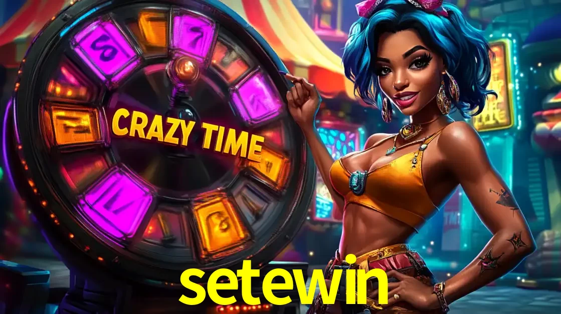 Mulher estilizada com cabelo azul e visual vibrante posando ao lado da roda de prêmios do game show Crazy Time, convidando para a diversão e os bônus do cassino setewin.