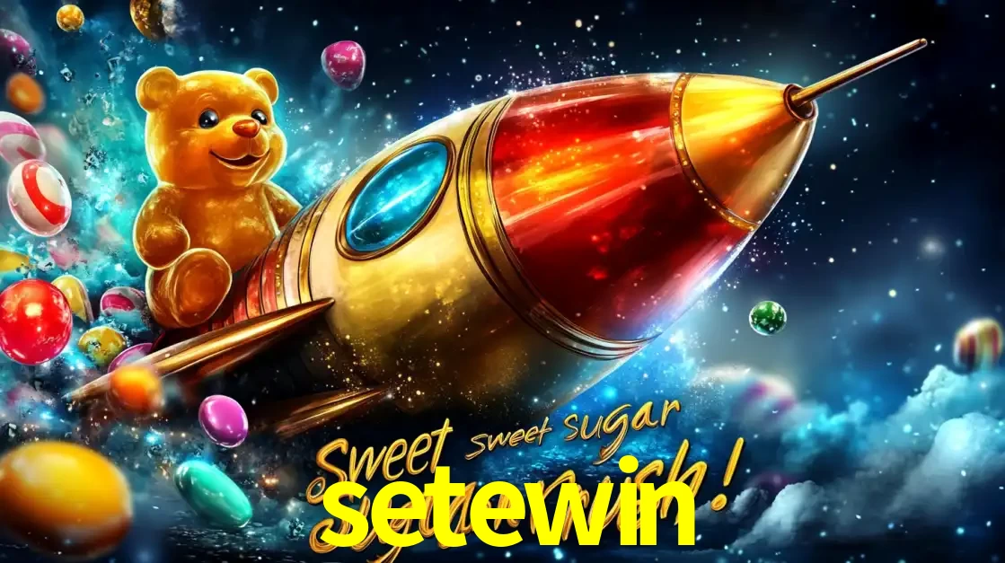 Arte promocional do jogo de slot Sugar Rush, com um urso de pelúcia em um foguete viajando pelo espaço de doces, um dos jogos divertidos disponíveis no cassino setewin.