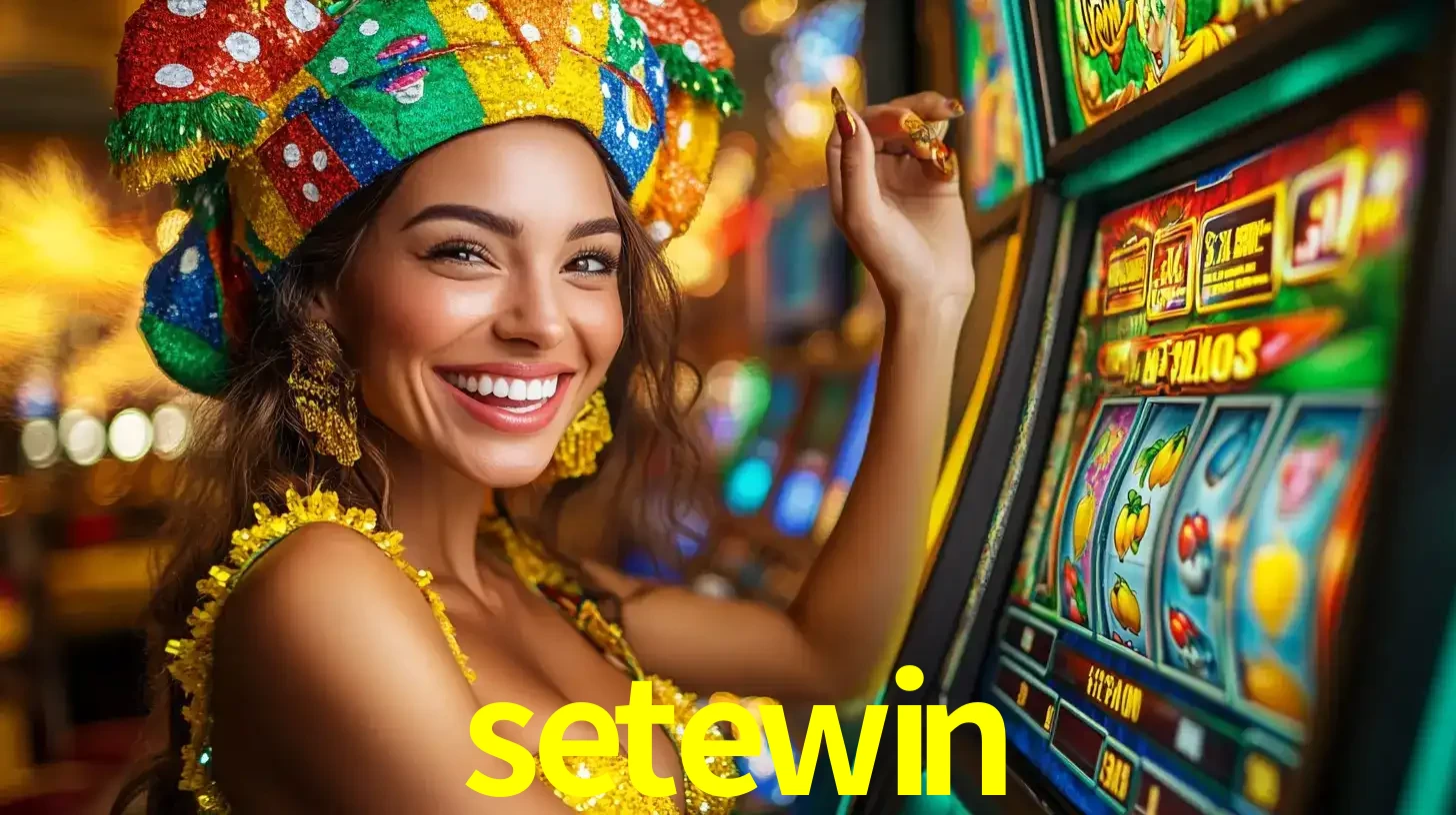 Mulher feliz com traje de carnaval amarelo e colorido ao lado de uma máquina de caça-níqueis, aproveitando a diversão e os jogos temáticos do cassino setewin.