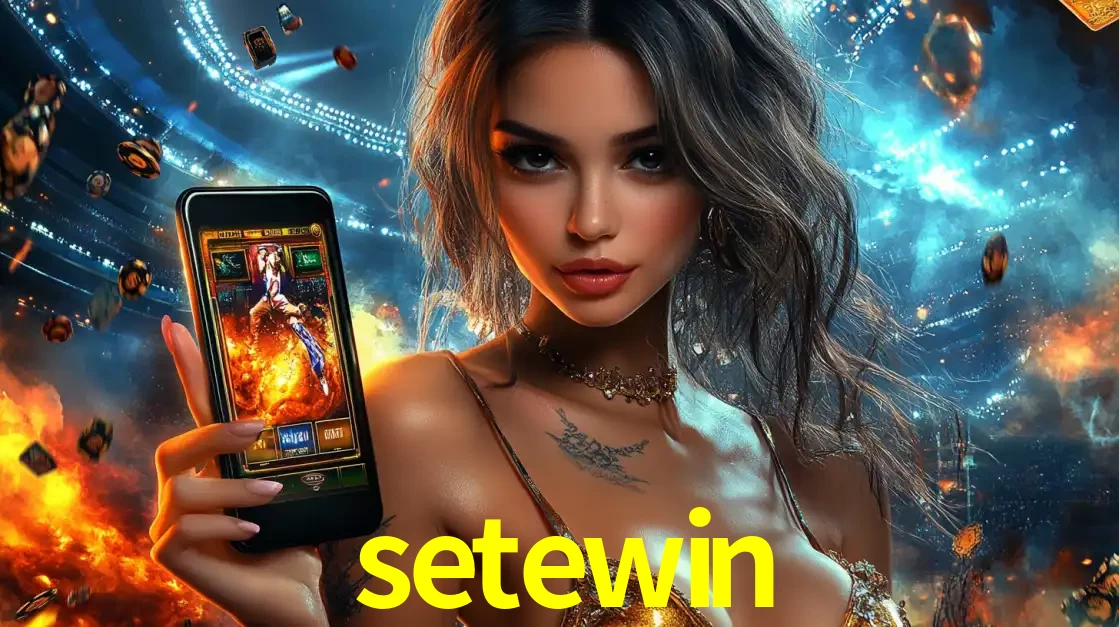 Mulher segurando um celular com um jogo de slot em destaque, tendo como fundo um estádio vibrante, simbolizando a emoção de jogar no cassino móvel setewin.