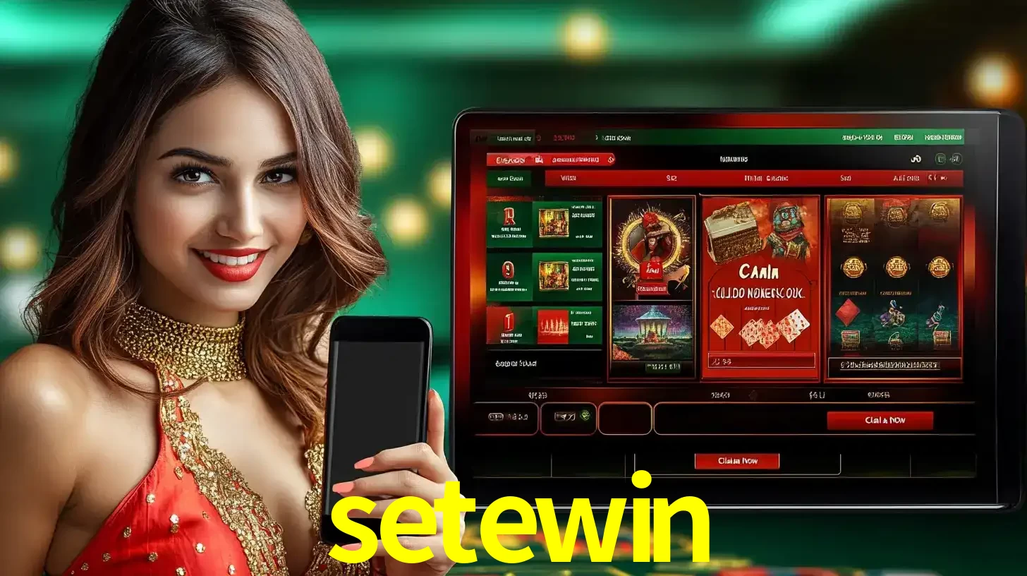 Mulher sorridente segurando um smartphone, ao lado de uma tela exibindo o lobby de jogos do cassino online setewin, com várias opções de jogos de cartas e slots.